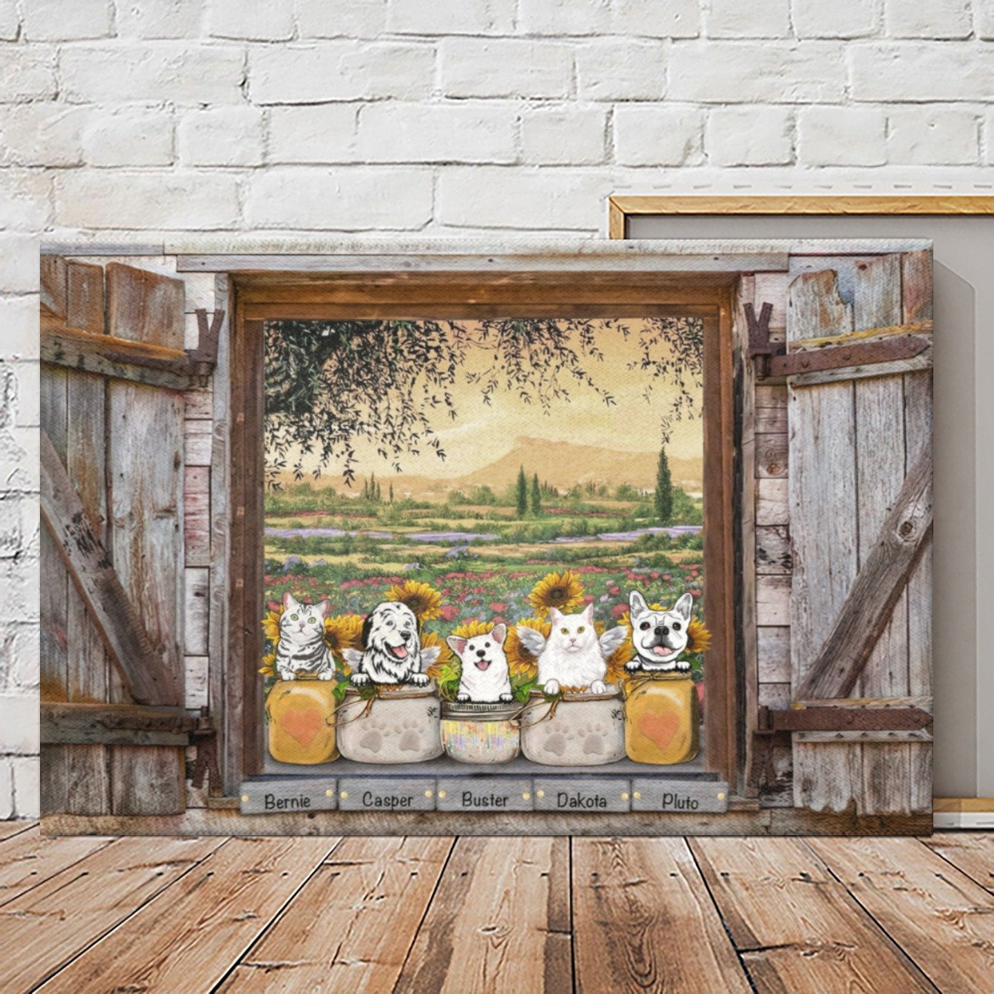 Personalized Canvas Prints for Family/Pet Lovers - Best Gift Personalized With Dogs/Cats breed & Names - Pets sitting on the window