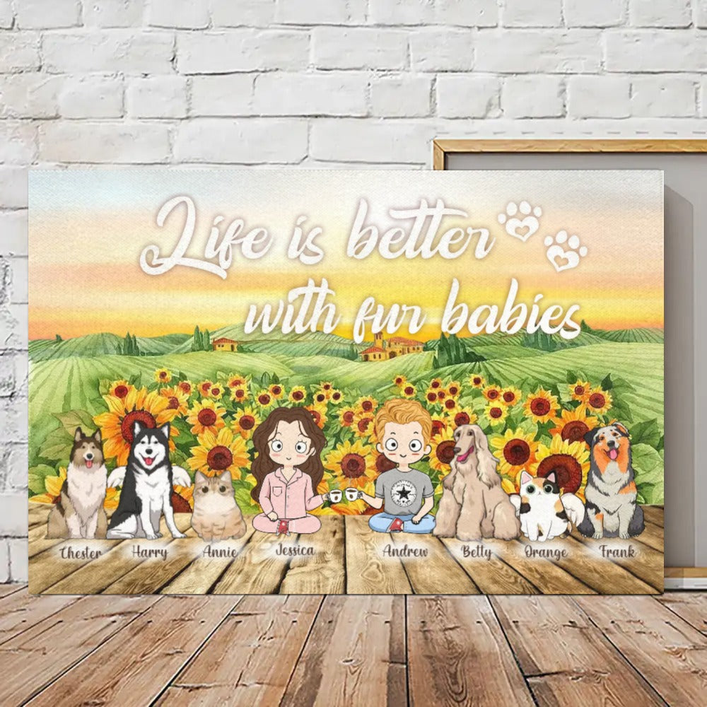 Personalized Dog Canvas - Custom Dog Horizontal Canvas - Cat Wall Art Canvas - Canvas Prints - Up To 6 Pets/Dogs/Cats - Chibi Dad/Mom With Cute Pets