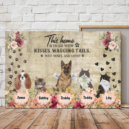 Custom Canvas Prints For Friends/Pet Lovers - Amazing Gift Personalized With Dogs/Cats Breed & Names - Front Pets With Flowers - (Up To 5 Pets/Dogs/Cats)