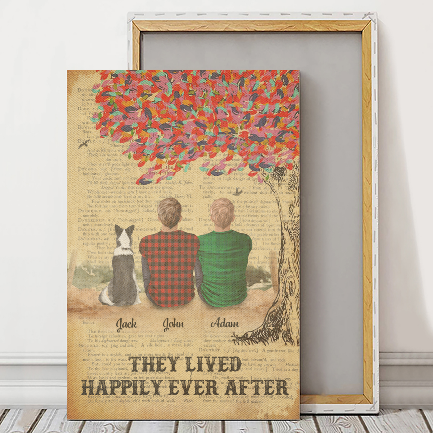 Personalized Canvas/Poster Prints For Friends/Pet Lovers - Best Gift Personalized With Dogs/Cats Breed & Names - They lived happily ever after - Two Dads with Pets - (Up To 2 Pets/Dogs/Cats)