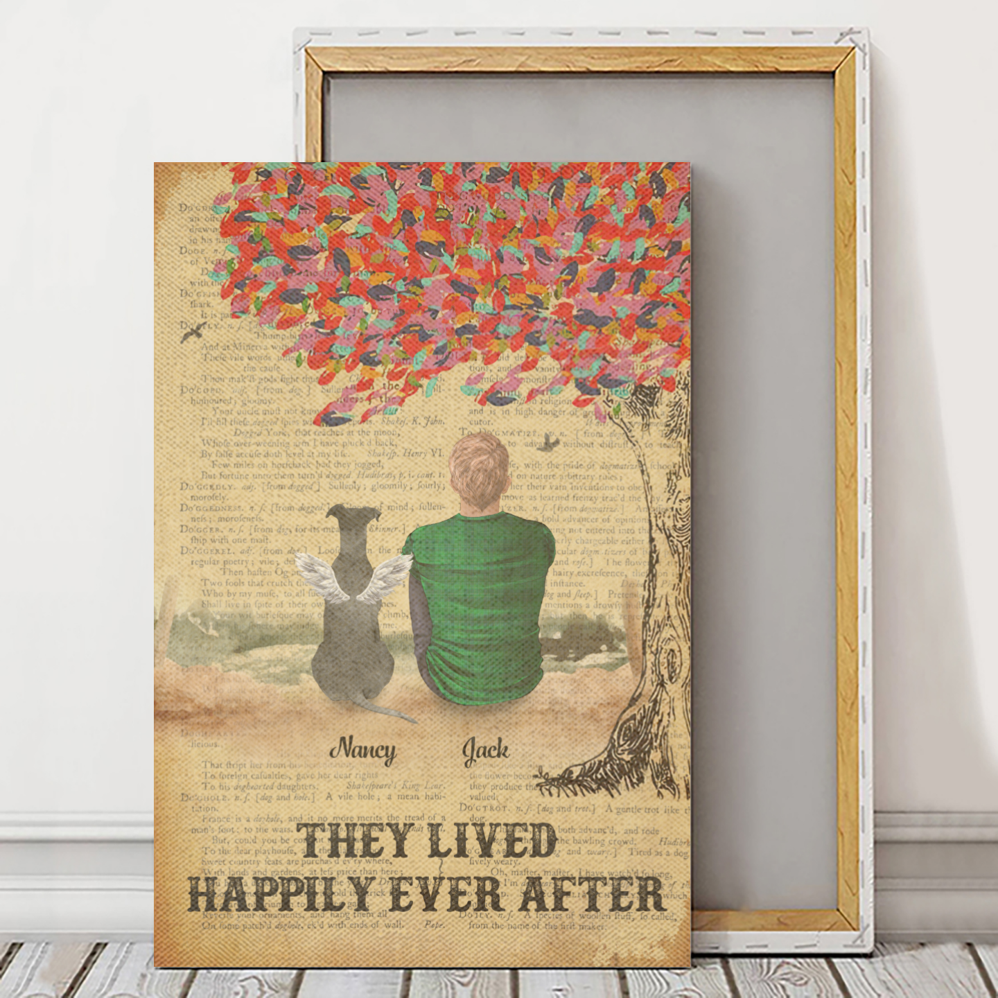 Personalized Canvas/Poster Prints For Friends/Pet Lovers - Unique Gift Custom With Dogs/Cats Breed & Names - They lived happily ever after - Dad with Pets - (Up To 3 Pets/Dogs/Cats)