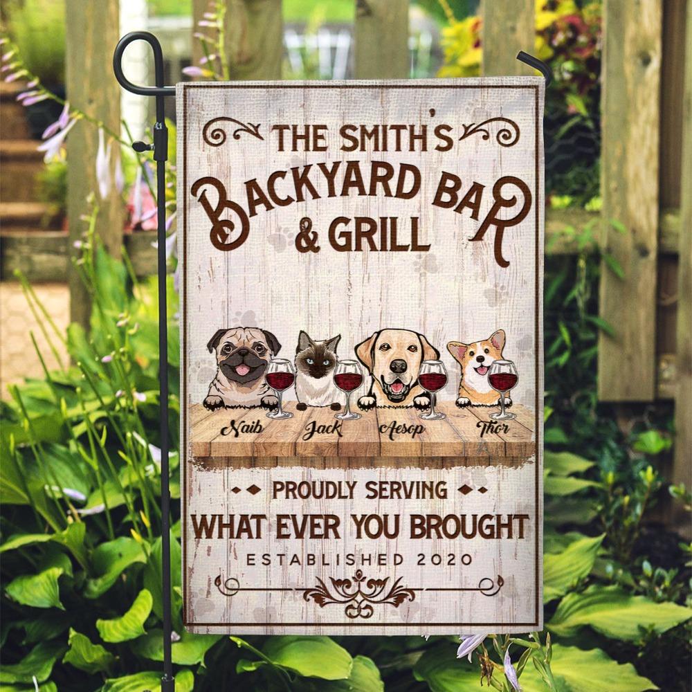 Personalized Garden Flag for Pet Lovers Custom Pets breed/Name - Backyard Bar & Grill - Choose up to 4 Pets/Dogs/ Cats - Furlidays