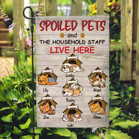 Personalized Garden Flag for Pet Lovers - Spoiled Pets and Household Staff - Choose up to 7 Dogs/Cats/Rabbits/Animal - Furlidays