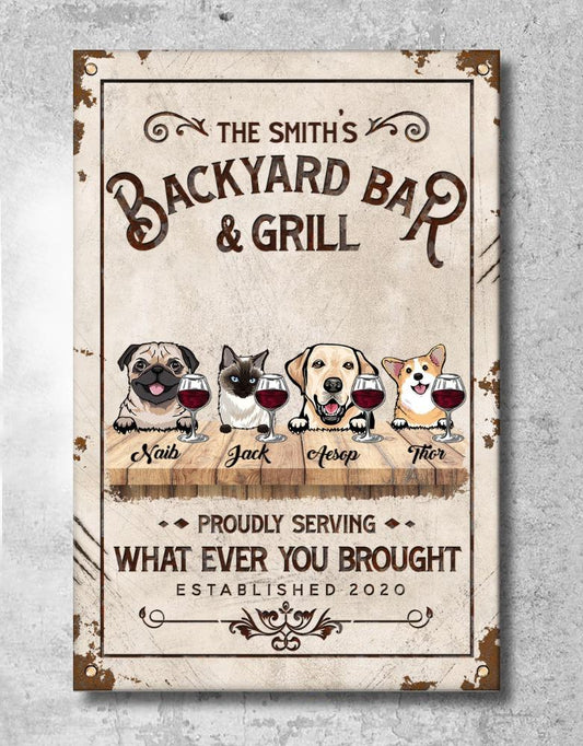 Personalized Metal Sign for Pet Lovers - Backyard Bar & Grill - Choose up to 4 Pets/Dogs/ Cats - Furlidays