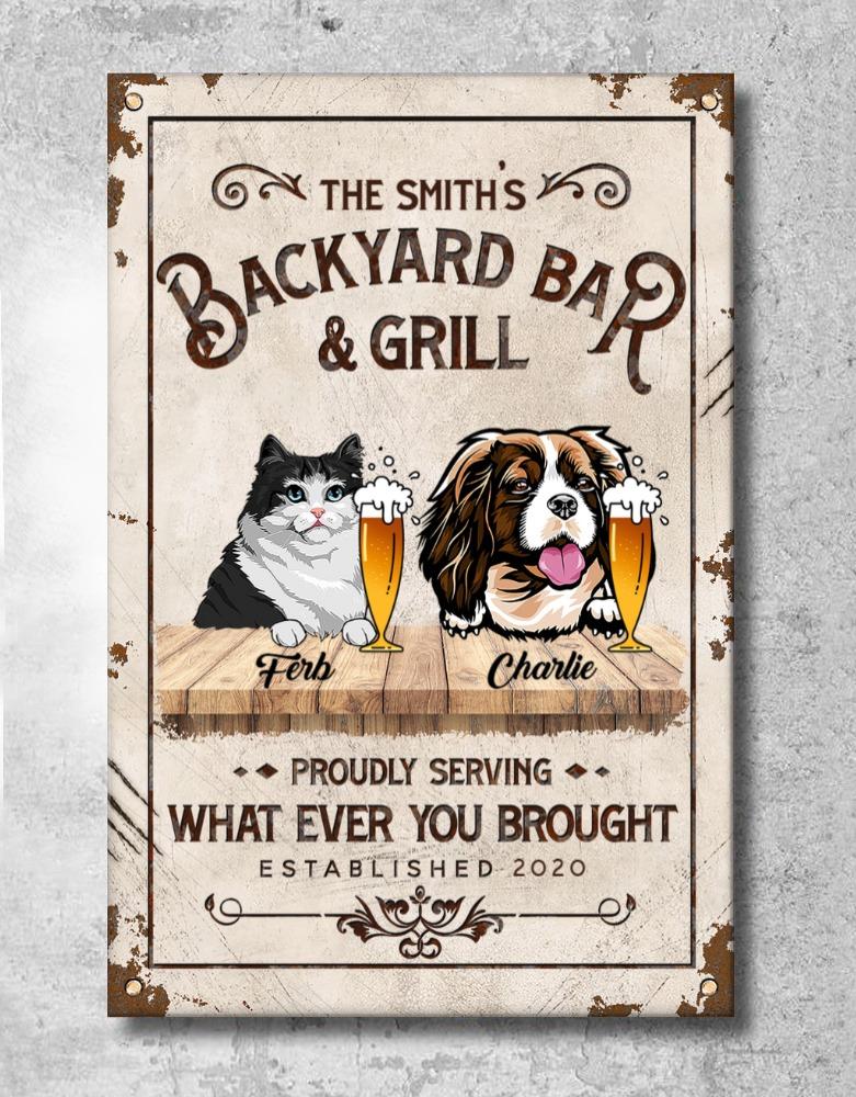 Custom Metal Signs, Housewarming Gift With Personalized Name & Dog/Cat - Backyard Bar & Grill - Aluminum Metal Sign - Choose Pets/Dogs/Cats - Furlidays