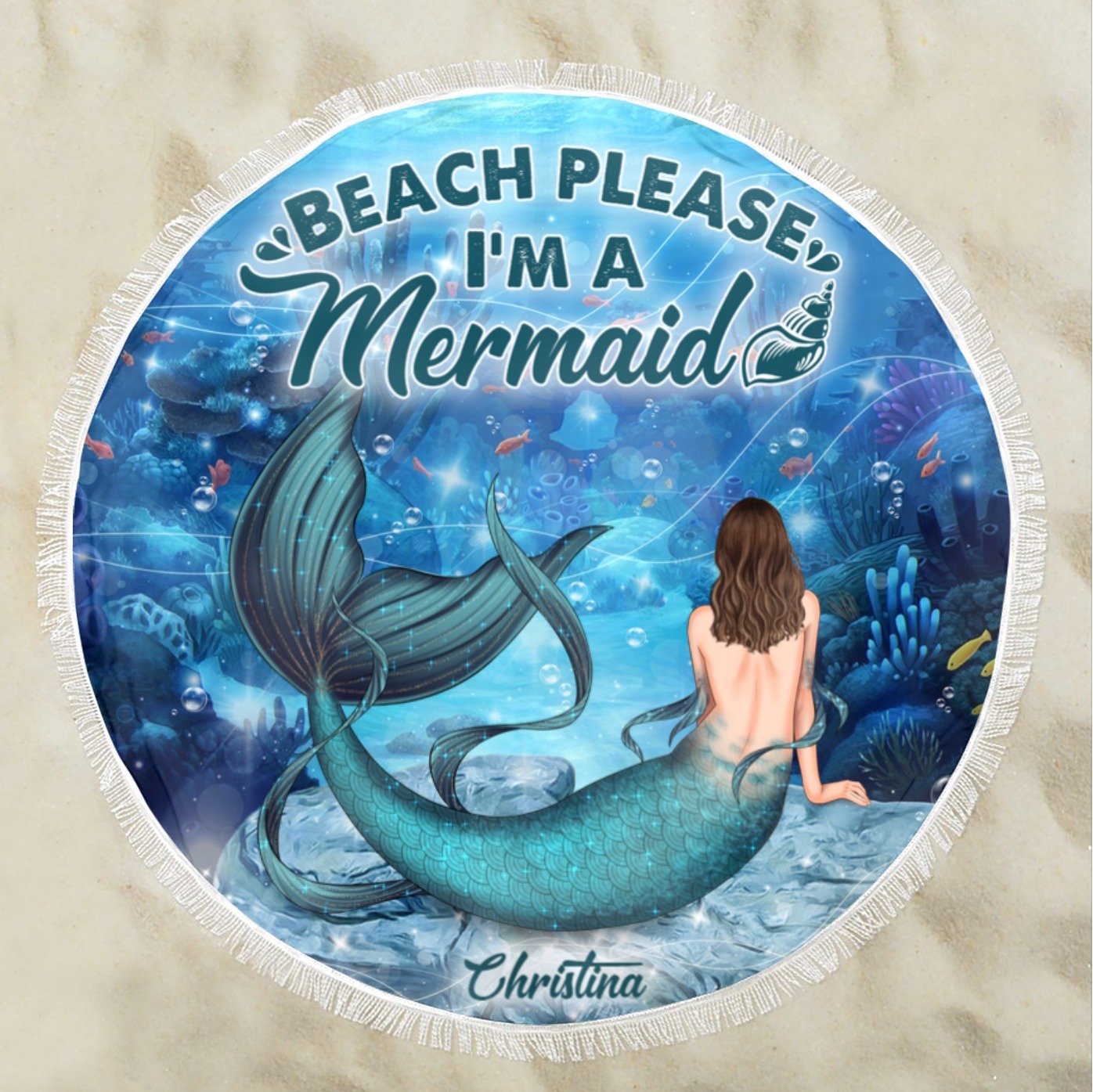 Personalized Round Beach Towel For Mermaid Lover, Gift With Personalized Name, Hair - Mermaid Under The Sea - Circle Beach Towel - Furlidays