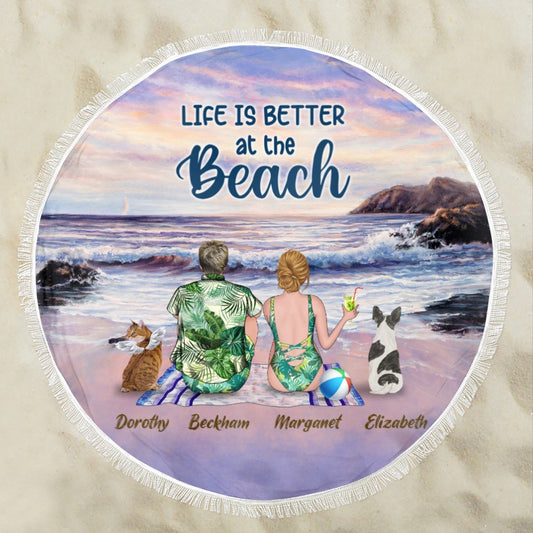 Personalized Round Beach Towel for Pet Lovers - Two Persons with Pets on the beach - Choose Pets/Dogs/Cats/Rabbits - Furlidays