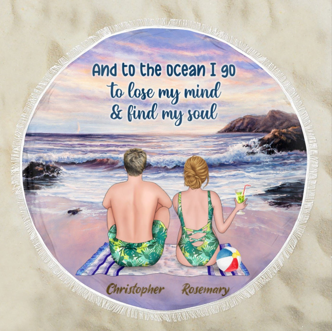 Personalized Round Beach Towel for Couple - Couple on the beach - Furlidays