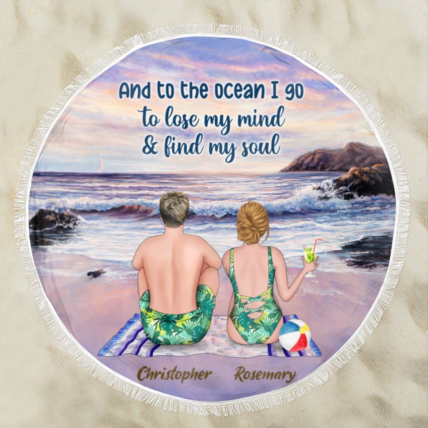 Personalized Round Beach Towel for Couple - Couple on the beach