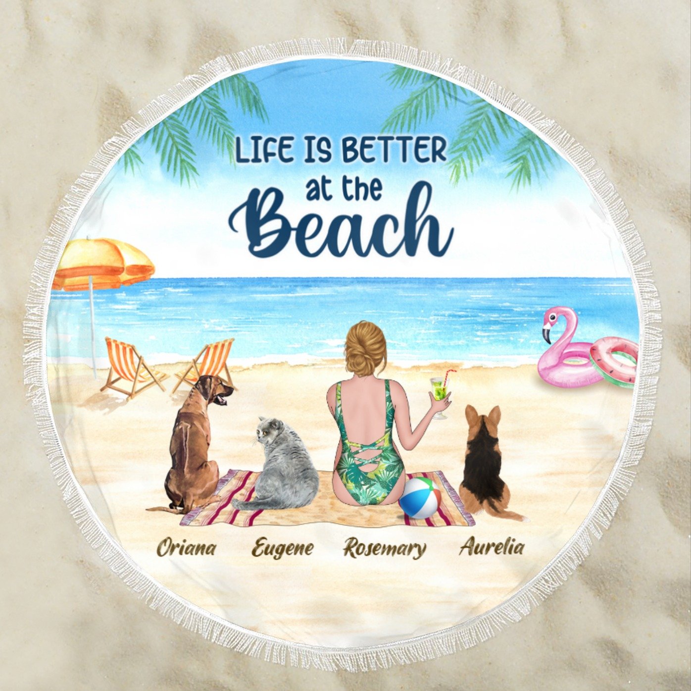 Personalized Round Beach Towel for Pet Lovers - Man/Woman with Pets on the beach - Choose up to 3 Pets/Dogs/Cats/Rabbits - Furlidays