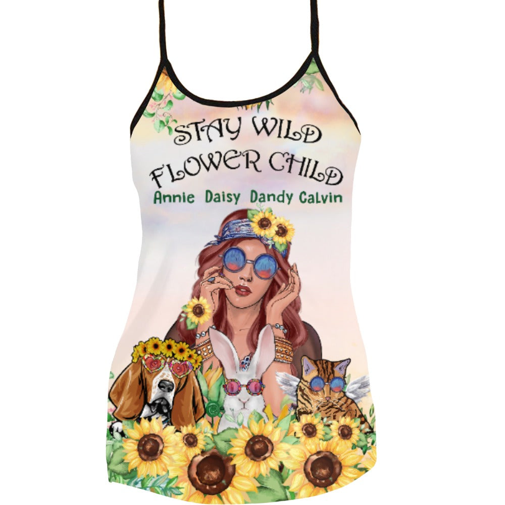 Personalized Dog Criss Cross Tank Top - Stay Wild Flower Child - Up To 3 Pets/Dogs/Cats