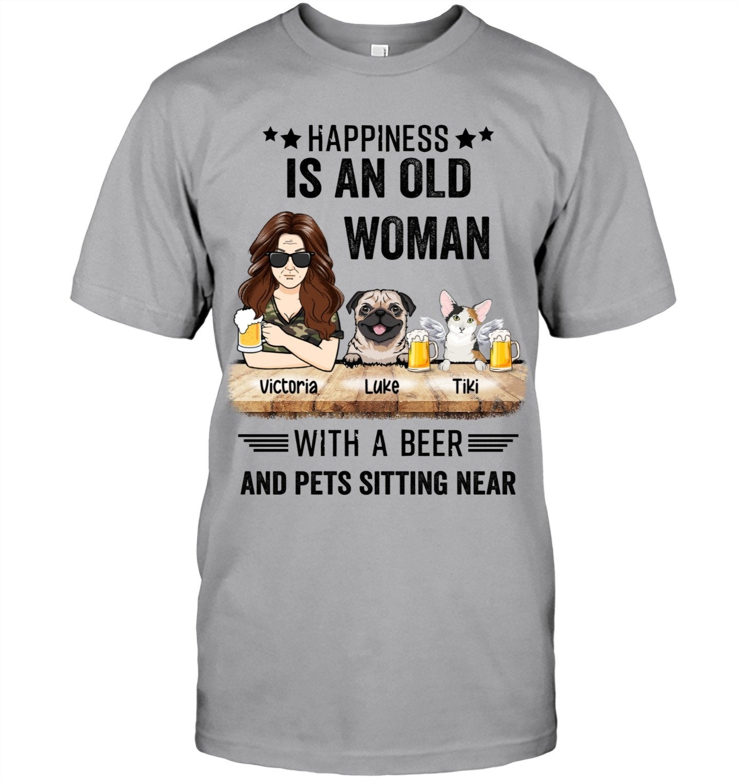 Personalized Graphic T-shirt Design Short Sleeve High Quality Cotton - For Pet Mom  A Happy Woman With a Beer and Pets/Dogs/Cats - Furlidays