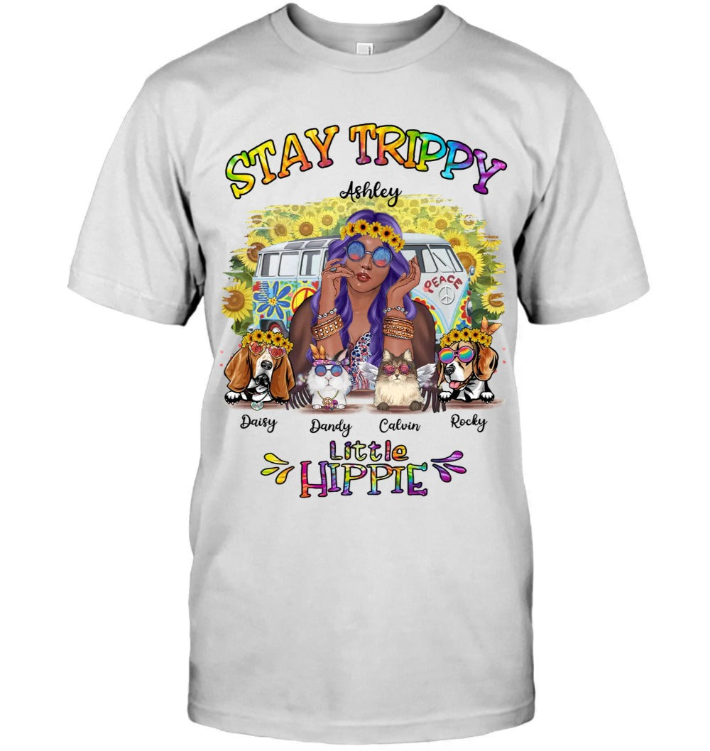 Personalized 2D T-shirt/Hoodie/Sweatshirt For Pet Lovers - Best Gift - Hippie Girl - Choose Up To 4 Pets/Dogs/Cats