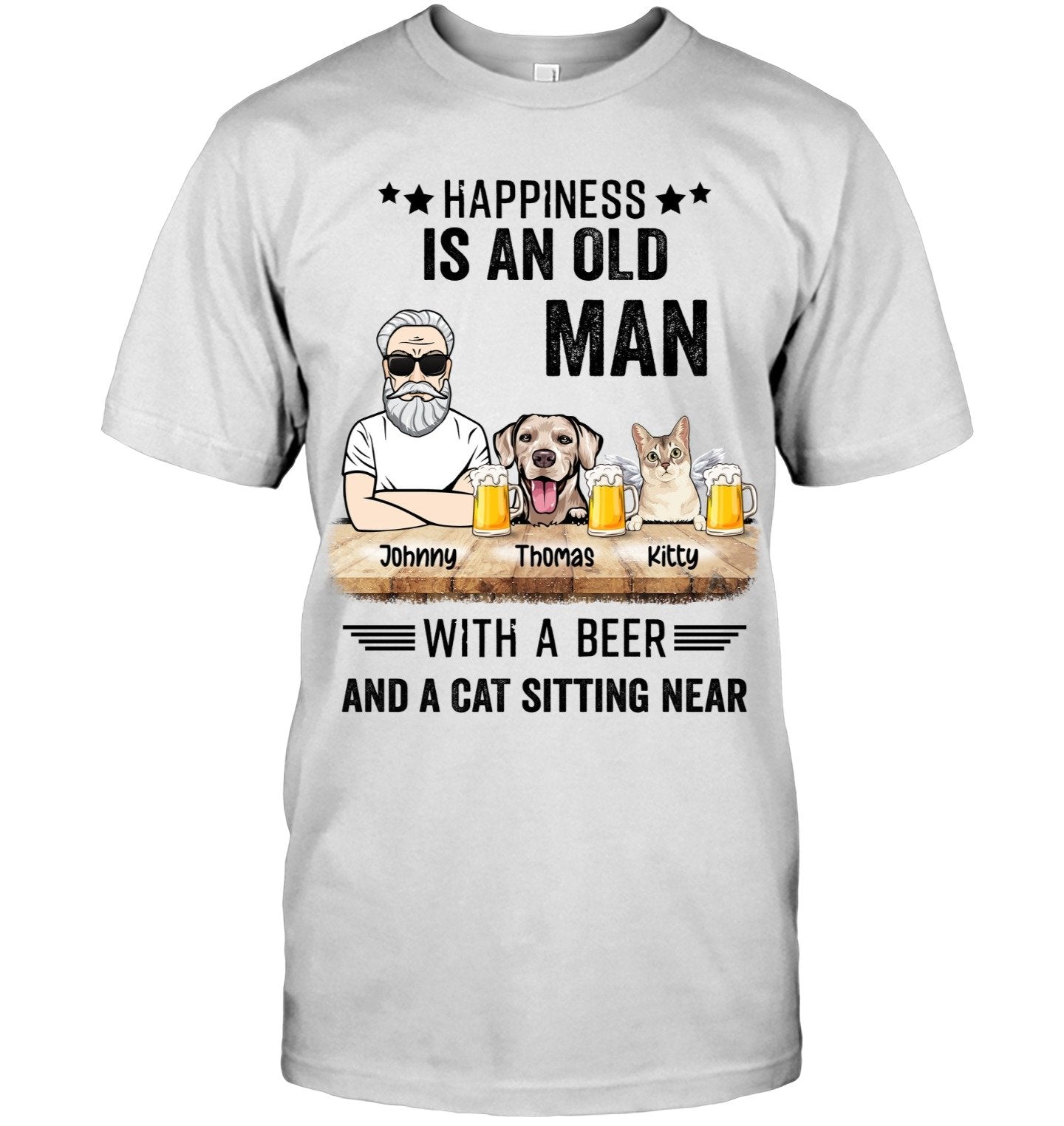 Personalized T-Shirt for Pet Lovers -  Happiness is an old man with a beer and a Pet sitting near - Pet Face - Choose up to 2 Pets/Dogs/Cats - Furlidays