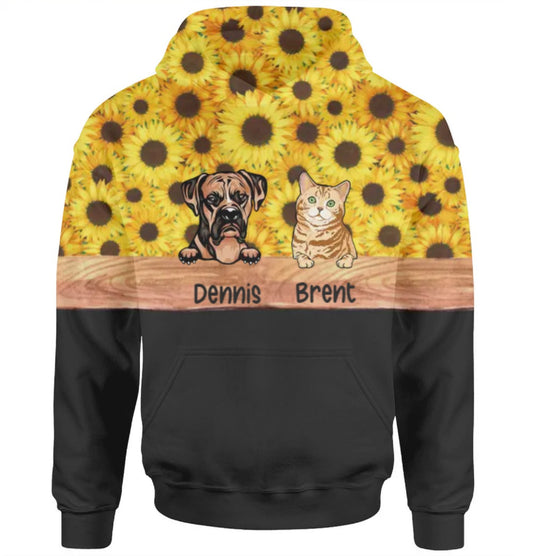 Personalized 3D T-shirt/ Hoodie/ Sweatshirt For Pet Lovers - Cute Gift - Pets with Sunflower - Choose Up To 2 Pets/Dogs/Cats Plus